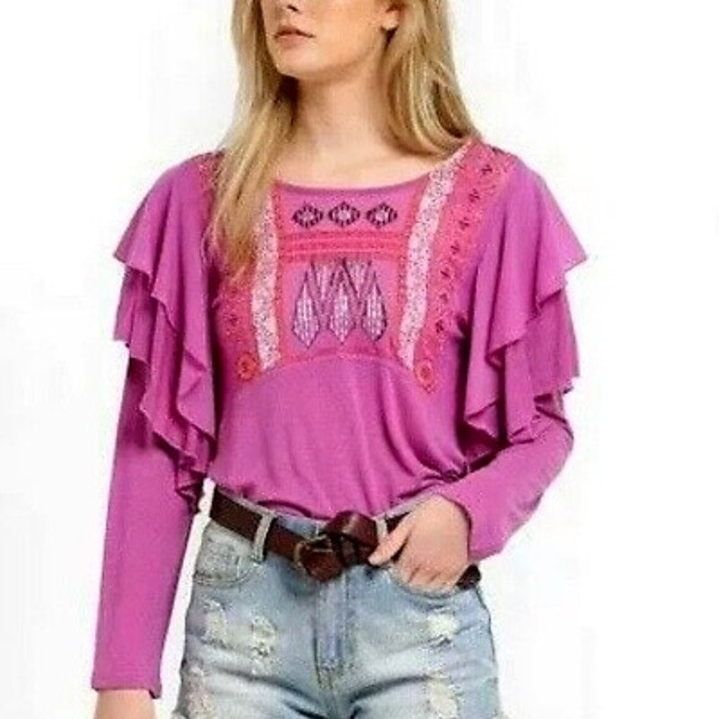 MSRP $88 NWT Free People Womens La Cienga Purple Long Flutter Sleeve Top Sz M