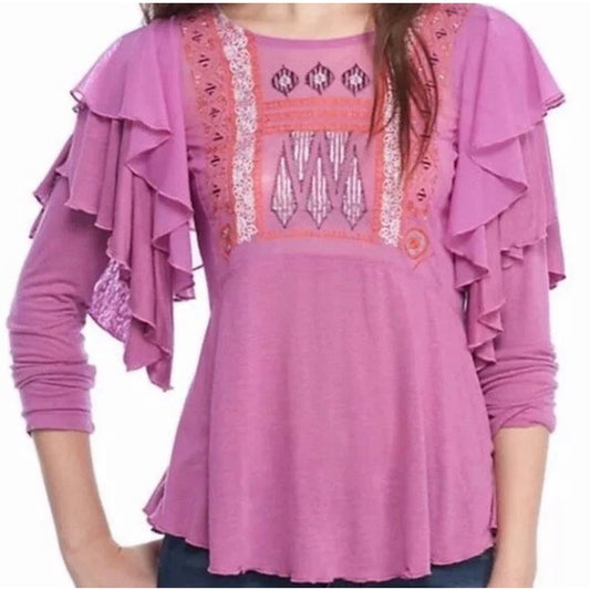 MSRP $88 NWT Free People Womens La Cienga Purple Long Flutter Sleeve Top Sz M